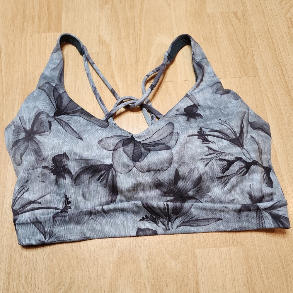 Athleta Solace Sports Bra Grey/Green Floral Strappy Size Large Buttery Soft